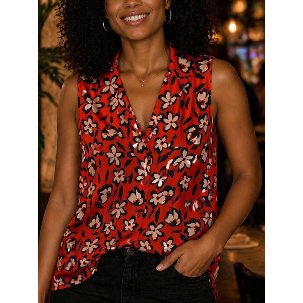 Who What Wear Womens Blouse Red XS Floral Sleeveless Button Down Office Work
